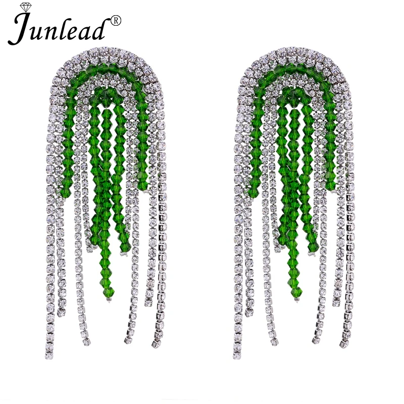 Junlead, новинка, длинные, цветные, с кристаллами, на цепочке, с кисточками, серьги, большие, Роскошные, стразы, массивные, висячие серьги для женщин, свадебные ювелирные изделия