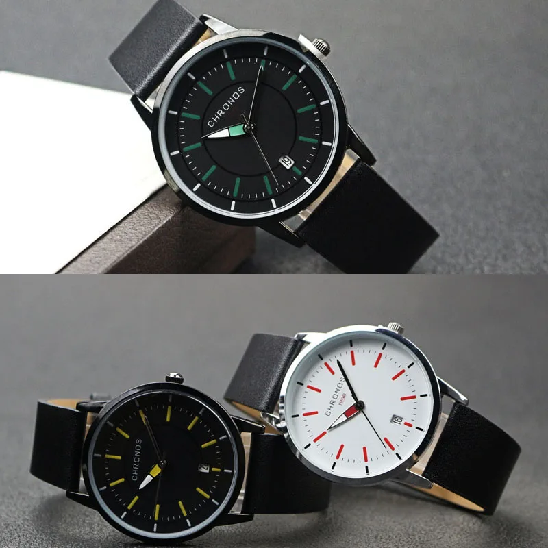 Модные мужские часы CHRONOS с датой корпус из нержавеющей стали искусственная кожа