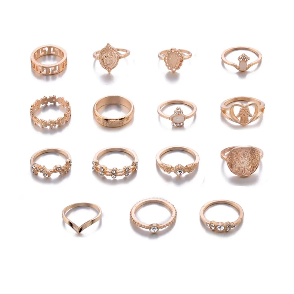 15Pcs/set Women Fashion Rings Hearts Fatima Hands Mary Cross Leaf Hollow Geometric Crystal Ring Set Wedding Jewelry | Украшения и