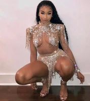 shining big crystals mesh sexy bodysuit sparkly rhinestones chains fringes outfit nightclub party wear see through costume
