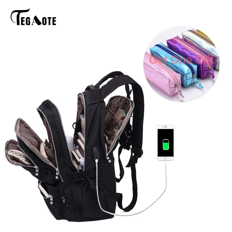 TEGAOTE женские рюкзаки с защитой от кражи, USB зарядка, рюкзак для ноутбука, школьные сумки для девочек-подростков, нейлоновая Повседневная сумка для путешествий