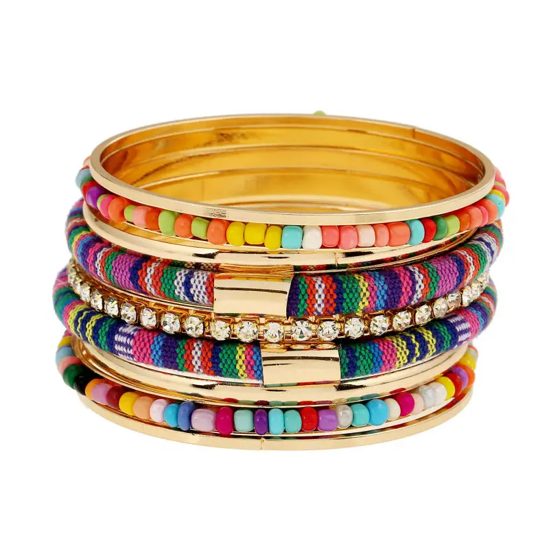 New Bohemia 9 pcs big Statement multilayer bracelet &amp bangle for women handmade Multi color crystal resin Beads Bangles | Украшения и