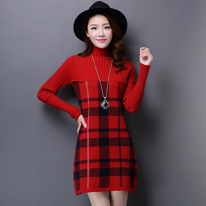 Turtleneck Plaid Long Sweater Dress for Woman Autumn Winter Patchwork Fashion Slim Computer Knitted Woolen Female | Женская одежда