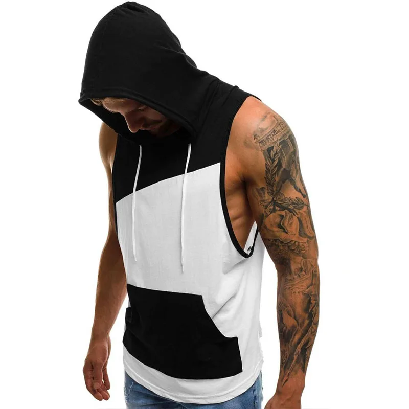 Мужские облегающие рубашки без рукавов однотонные топы с капюшоном худи