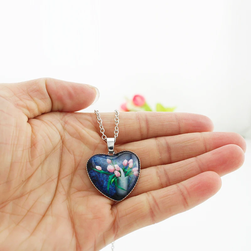 JWEIJIAO Bride Wedding Flowers Necklaces Heart Shape Glass Cabochon Images Charms Necklace Color Long Chain BW02 | Украшения и