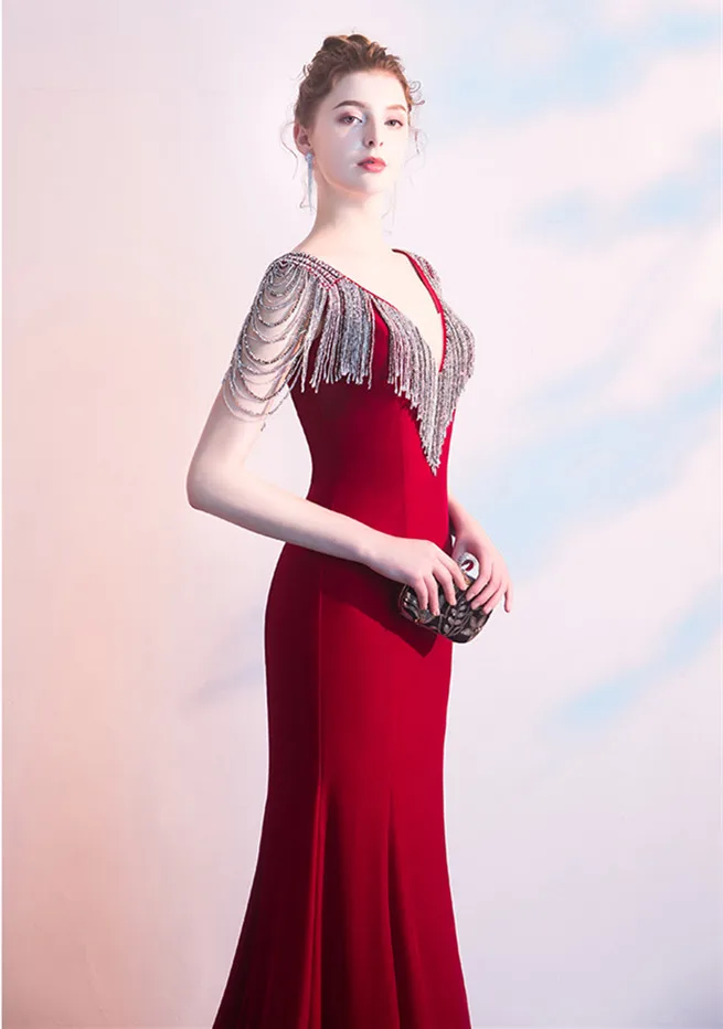 Женское бархатное платье Русалка JaneVini Бордовое с глубоким v образным вырезом и