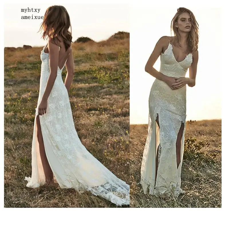 Женское кружевное свадебное платье на тонких бретельках неформальное с открытой