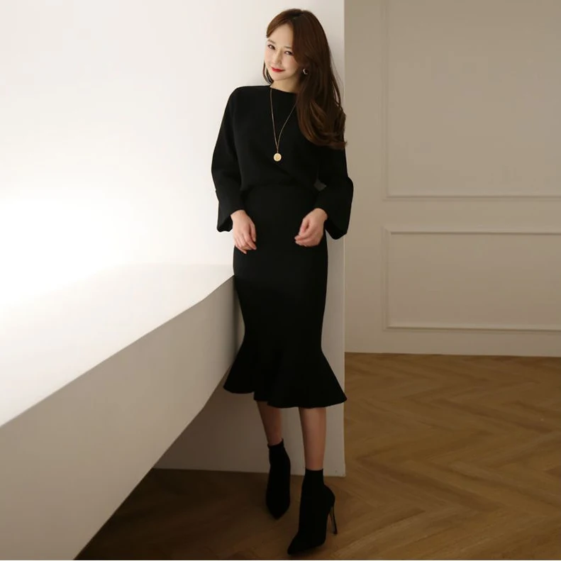 2018 Новый темпераментный свитер + юбка в виде рыбьего хвоста свободные