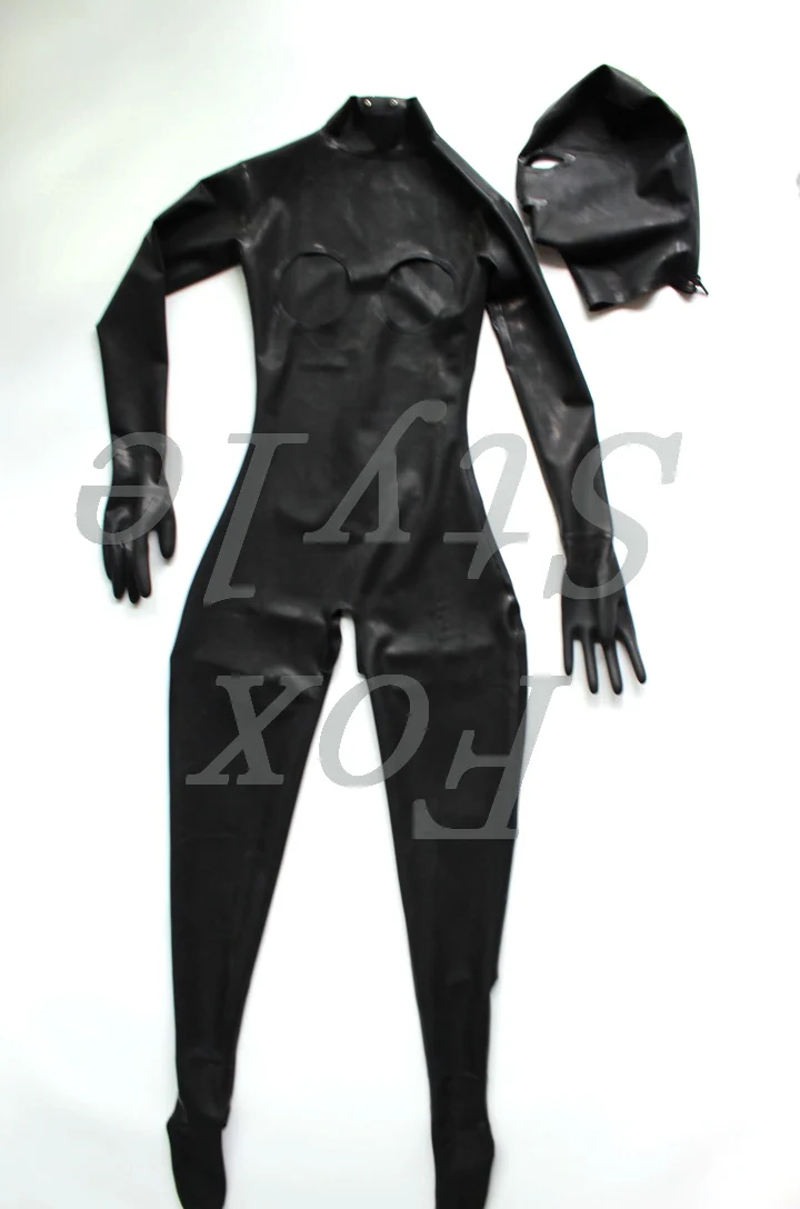 

female's Latex jumpsuit open bust and crotch women's rubber catsuit with masks and gloves and feets fox style SEXY LIFE