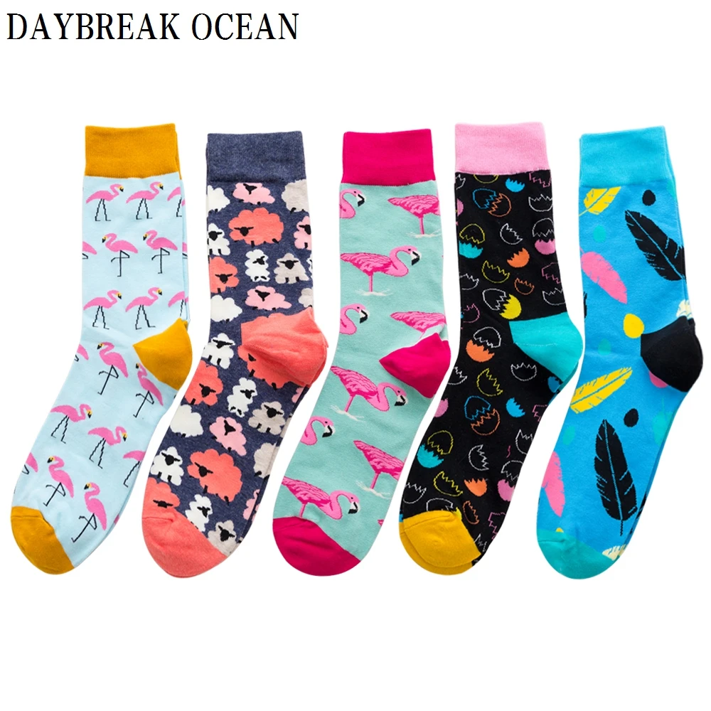 Unisex 5 Pairs Colorful Flamingo Combed Cotton Socks Fashion Autumn Happy Men's Long Socks Dress Party Wedding Funny Crew Socks