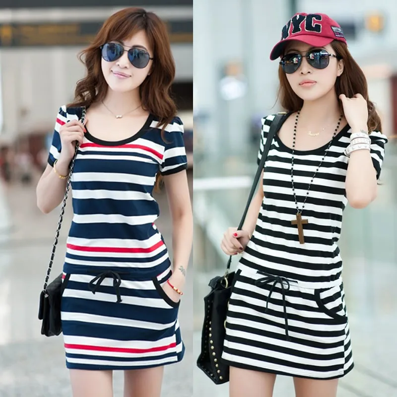 Женское Хлопковое платье с коротким рукавом облегающее принтом в полоску