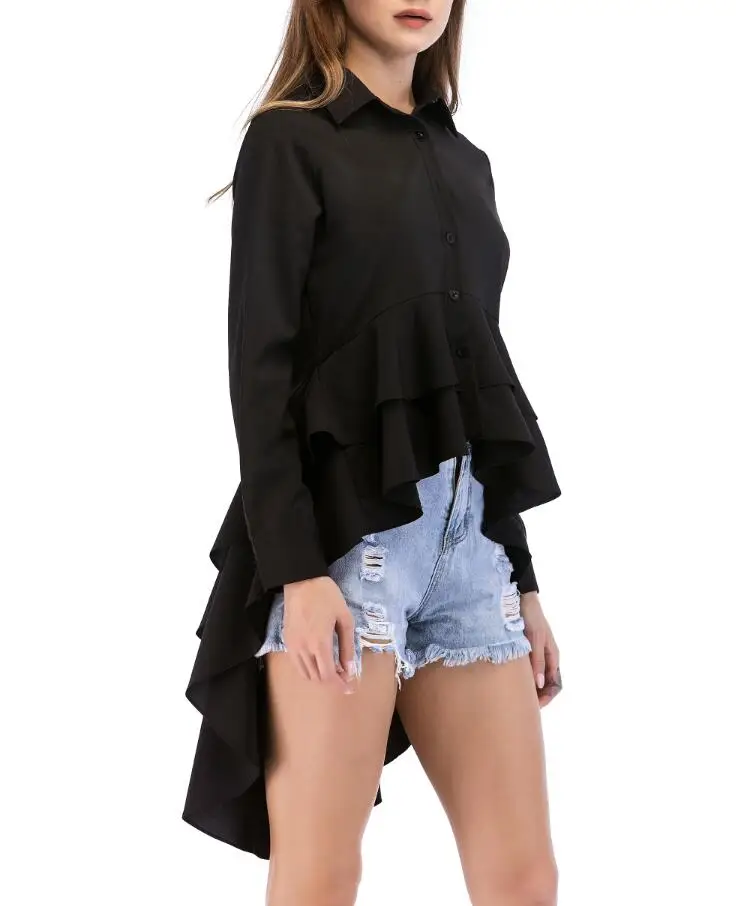 Черная каскадная рубашка с оборками для женщин 2018 весна осень новый модный топ