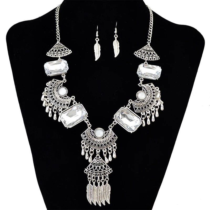 2016 чешский листья ожерелье серьги ювелирные комплект античная кристалл Tassl