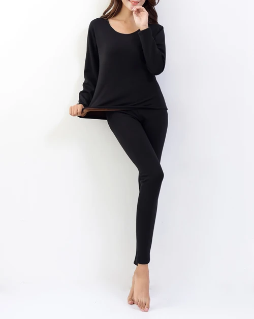 Jinsen Aite хлопок размера плюс XXL-5XL теплый толстый флис женские кальсоны наборы повседневные однотонные зимние Femme термобелье JS640 - Цвет: Черный