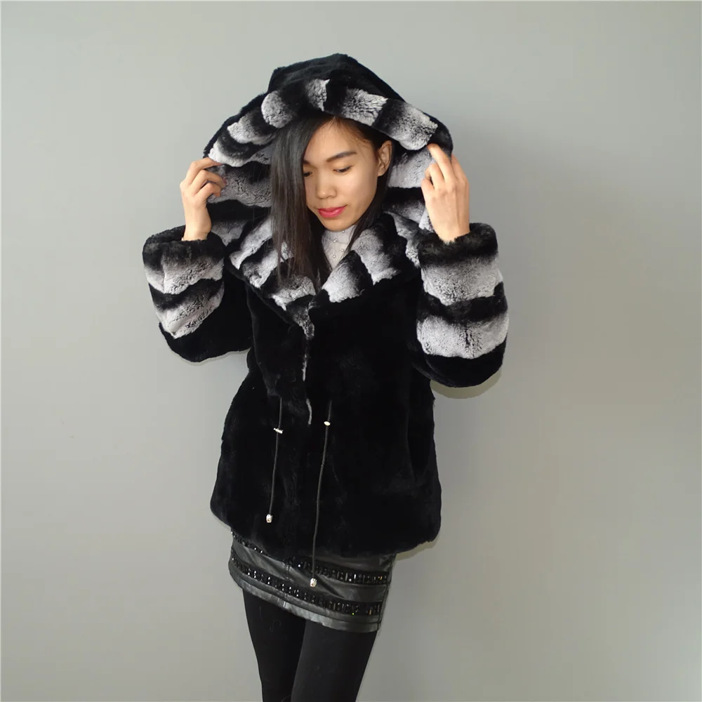 

Short High Quality Chinchilla Fur Coats for Women Rex Rabbit Fur Jacket Outwear Black Fur Coat Hoodie Outwear Winter Grey Stripe