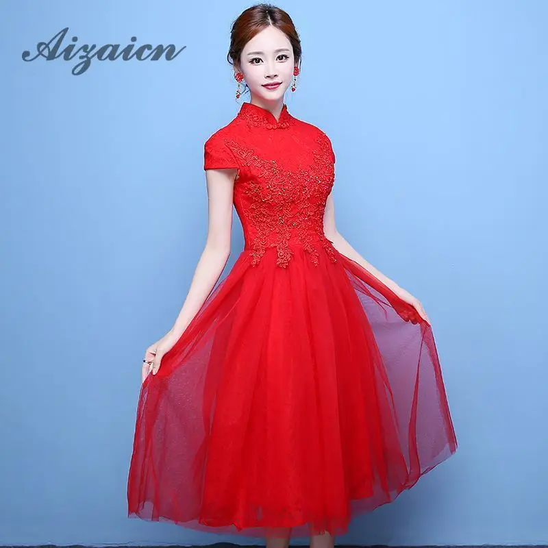 Красное свадебное платье в китайском стиле Cheongsam с коротким рукавом и вышивкой