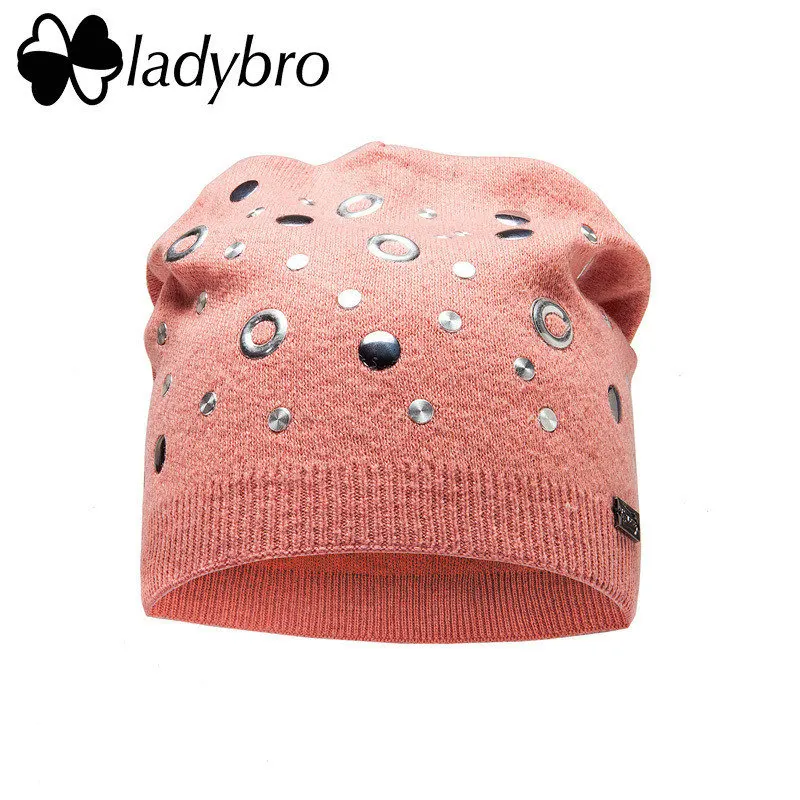 Ladybro двухслойная шляпа с заклепками, женская шапка бини, шерстяная шапка, женская зимняя вязаная шапка, крутая Дамская мода, теплая шапка, бренд - Цвет: 005