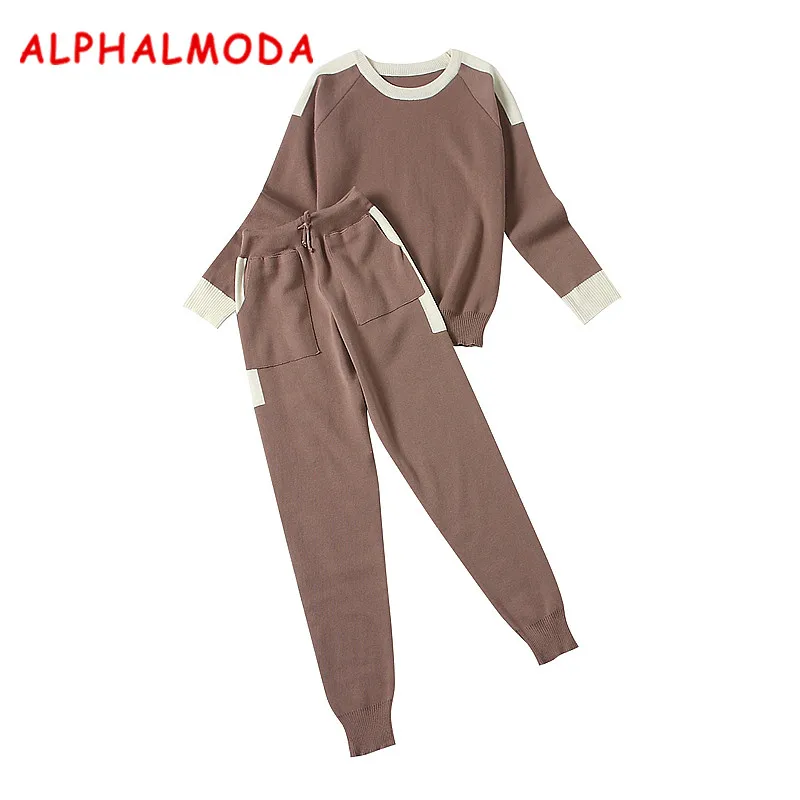 Женский комплект одежды ALPHALMODA вязаные штаны и свитер Пуловеры с круглым вырезом
