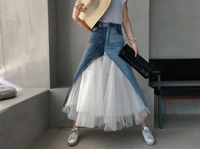 TWOTWINSTYLE, хит, цветная, сетчатая, Лоскутная, Женская юбка, высокая талия, тонкая, деним, линия, миди, юбки, женская мода, весна, повседневная, Новинка