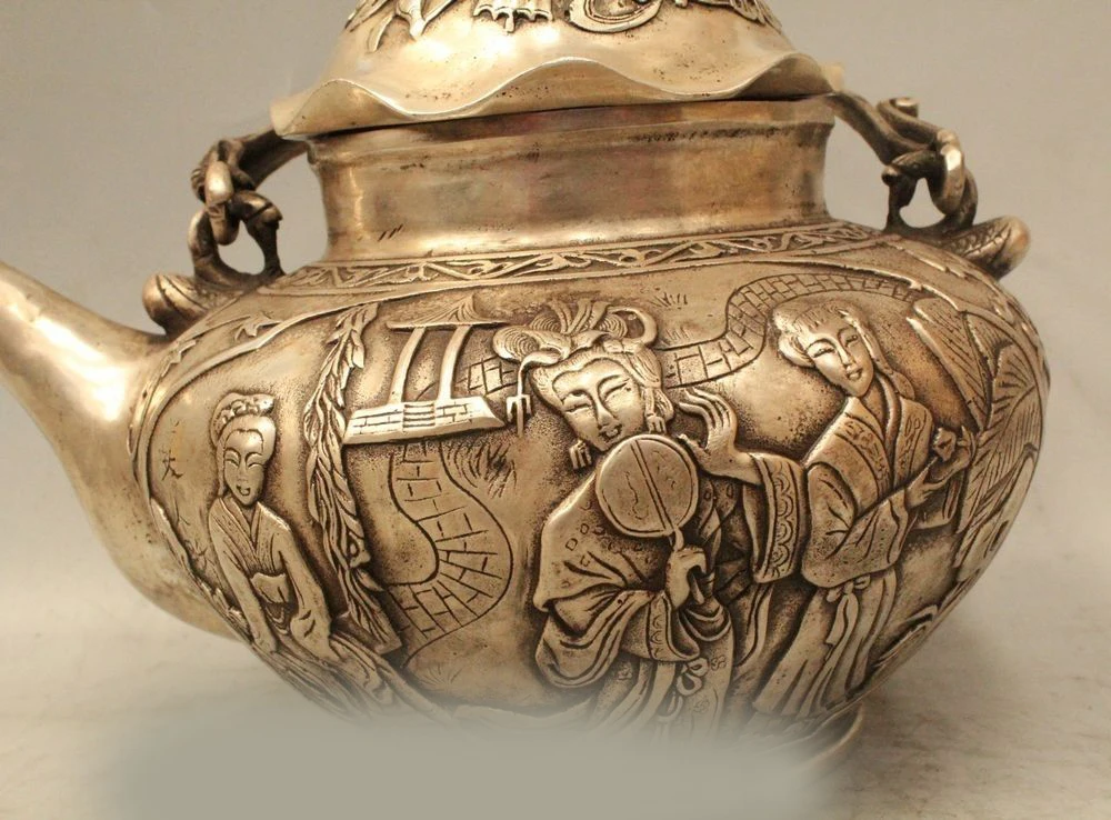 DS 9 &quotКитайский Тибет Серебряный Династия Дворец 8 сокровище Четыре Belle Вино Tea Pot