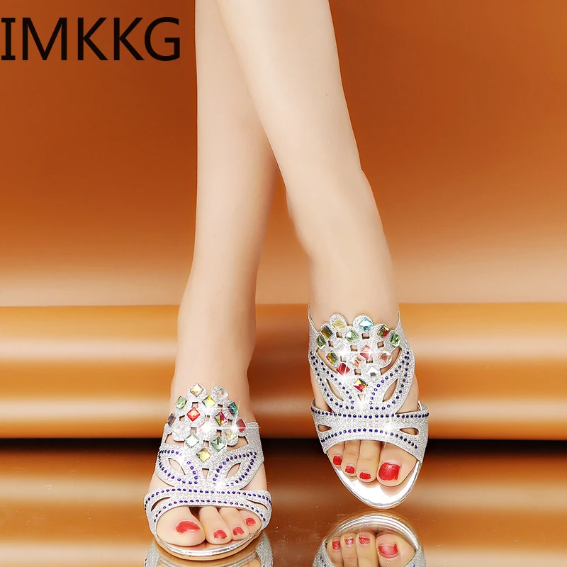 Women Summer Open Toe Chunky Heel Sandals Fashion Crystal Rhinestones Beach Flip Flops Slip On Outside Slides Shoes Woman F90273
