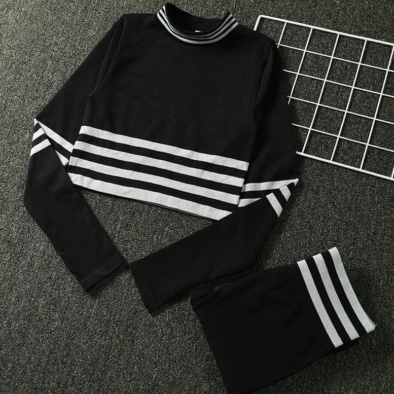 Black Комплект из 2 предметов для йоги, женский укороченный топ в полоску с длинным рукавом и спортивные Леггинсы с высокой талией, одежда для спортзала, спортивный костюм, футболка для тренировок и фитнеса - Цвет: Black