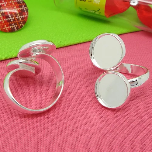 4pcs Wholesale Silver Plated Ring Blank Jewelry Findings with Double Bezel Setting Tray fit for 10mm-12mm Cameo Cabochons