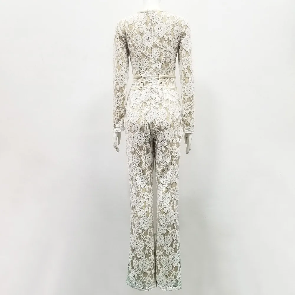 Summer White Bodysuit Deep O-Neck Female Body Hot Sexy Women Long Sleeve Lace Jumpsuit Overalls Streetwear