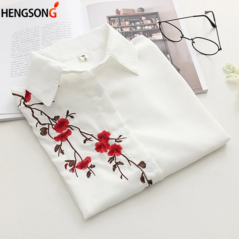 2018 Summer New Women Shirts White Cat Flower Embrodiery Shirt Female Casual Blouse Cotton Linen Student Tops Hot Sale |