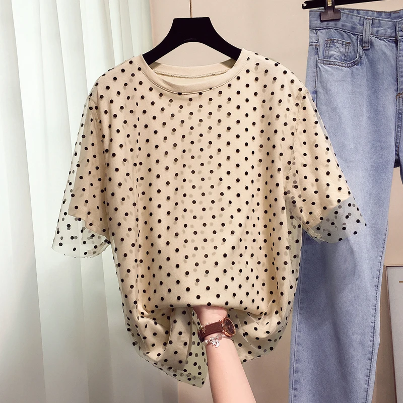 Женская футболка с круглым вырезом Tumblr Rushed Kpop свободная Сетчатая в горошек