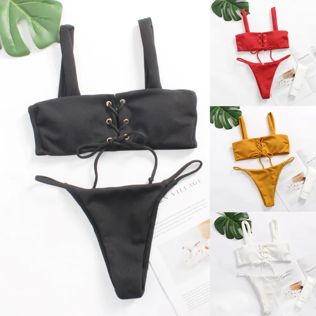 Бикини 2019 сексуальный женский Одноцветный купальник-бикини с пуш-ап купальник