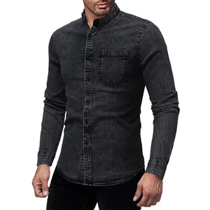 Мужская джинсовая рубашка MarKyi, синяя Повседневная приталенная рубашка из потертого денима, с длинными рукавами, на осень, 2019