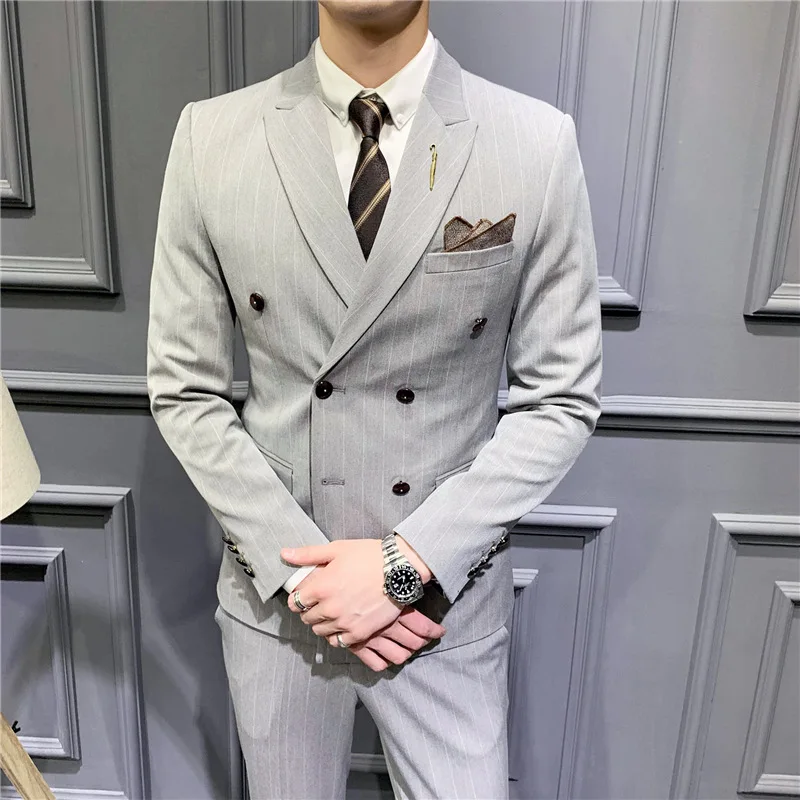 

Plus Size S-5XL Costumes Hommes 2019 Men's Casual Suit Striped Costume Double Boutonnage Homme
