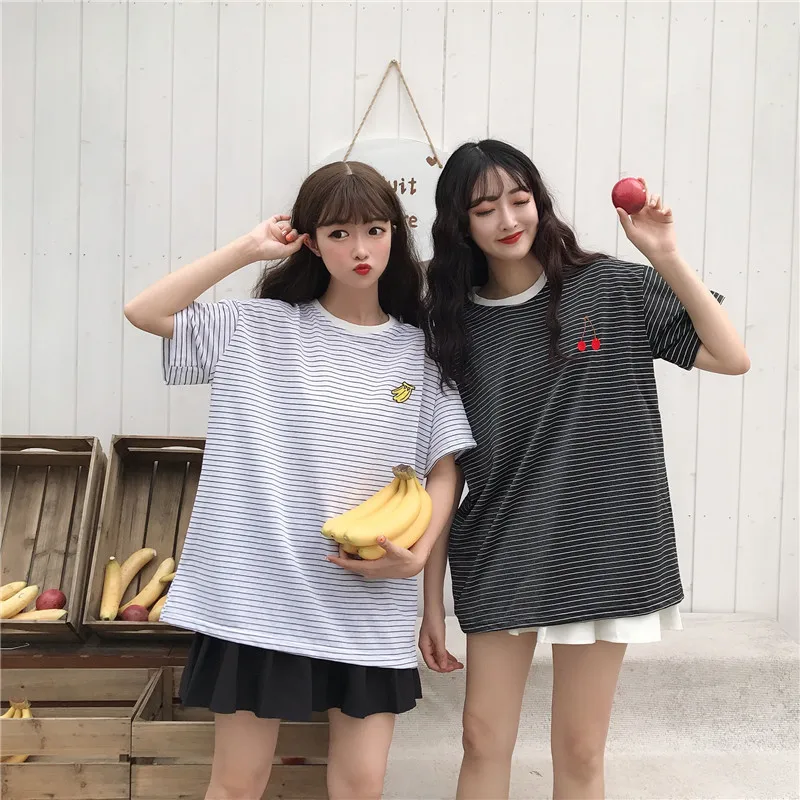 Ulzzang элегантный дизайн лучшие друзья футболка для женщин в полоску топы лето KPOP Корея фрукты вышивка женская футболка Милая одежда