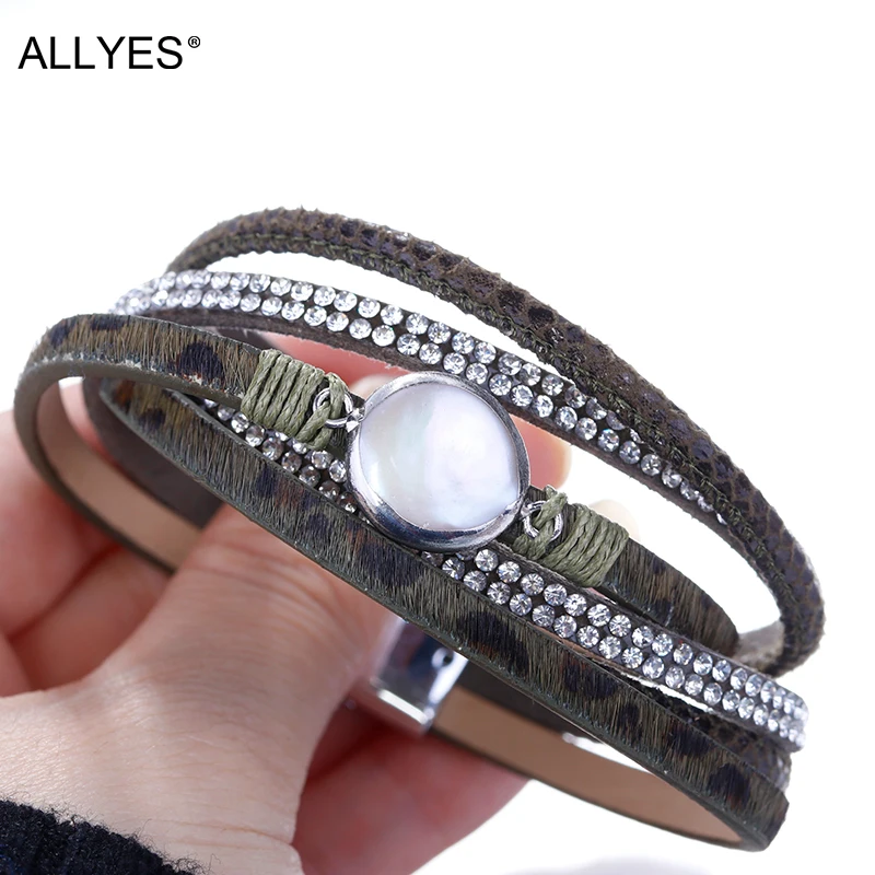 ALLYES, кожаные браслеты для женщин,, зеленый Леопардовый кристалл, жемчужный двойной браслет, многослойный женский браслет, вечерние ювелирные изделия