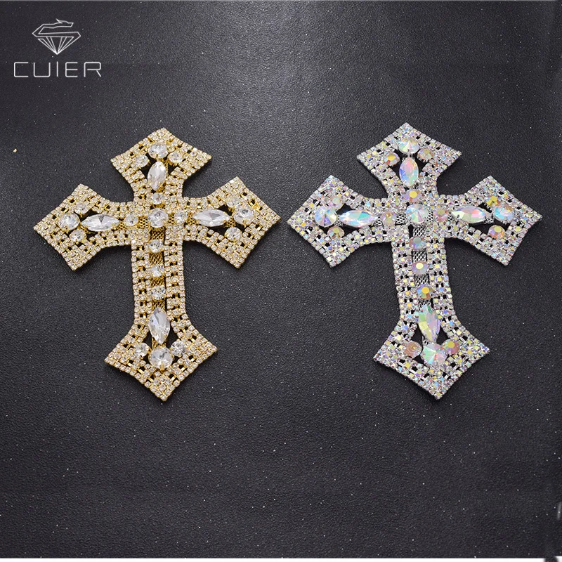 10pcs Big size cross with rhinestones crystal sew on patches for clothings glass strass appliques trimming AB rhinestone
