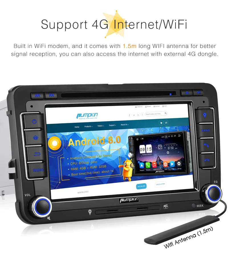 Тыквы 2 Din " Android 8,0 автомобильный DVD плеер GPS; стереооборудование для автомобиля для VW/Skoda/Passat FM Радио Rds ноутбук с высокой скоростью работы и Wi-Fi 4G DAB+ OBD2 головное устройство
