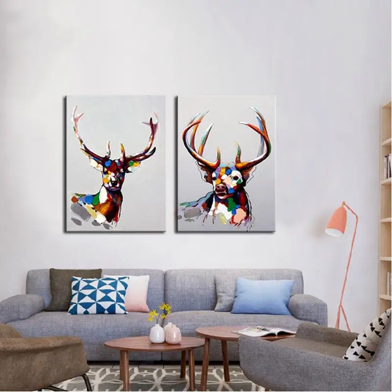 100% роспись вручную Группа 2 панелей современные животные красивый красочный
