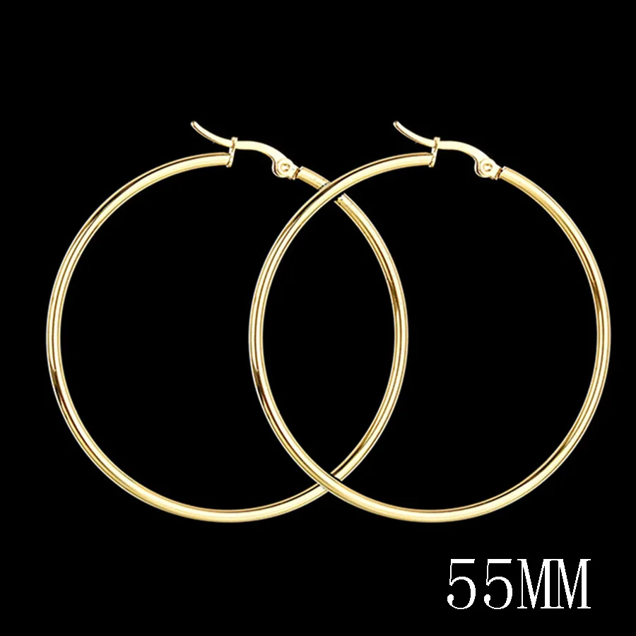 Gold 55mm HOBBORN, женские большие круглые серьги-кольца, нержавеющая сталь 316L, 20-100 мм, в стиле хип-хоп, для ночного клуба, антиаллергенные мужские серьги - Окраска металла: Gold 55mm