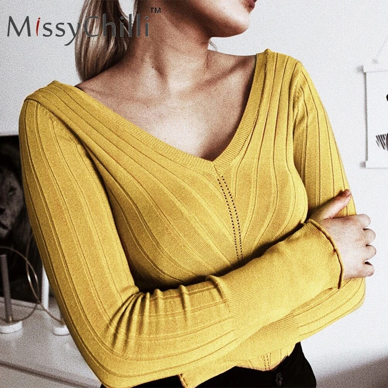 MissyChilli Knitting bodycon long sleeve summer sweater Women v neck soft solid pullover Female sexy white slim fitness jumper | Женская