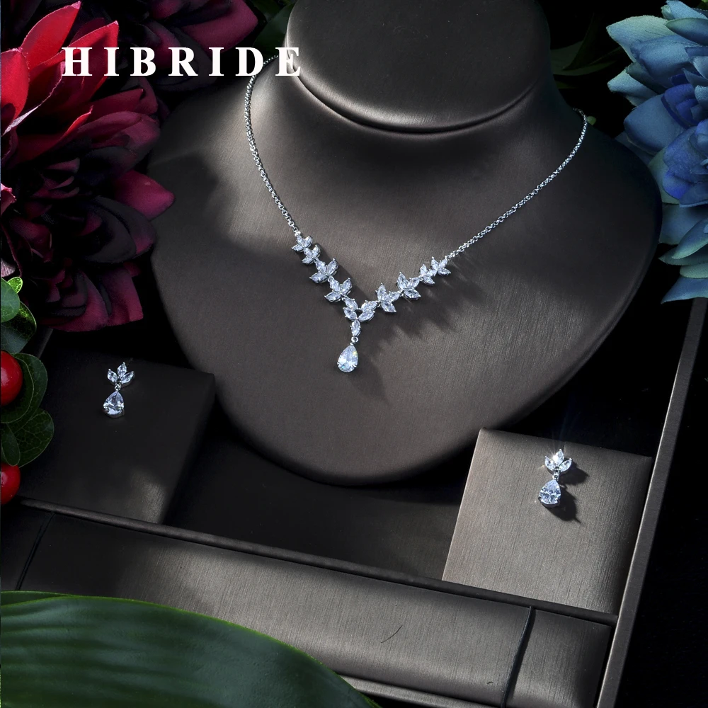 HIBRIDE Роскошные Искрящийся Блестящий кубический циркон серьги ожерелье ужин