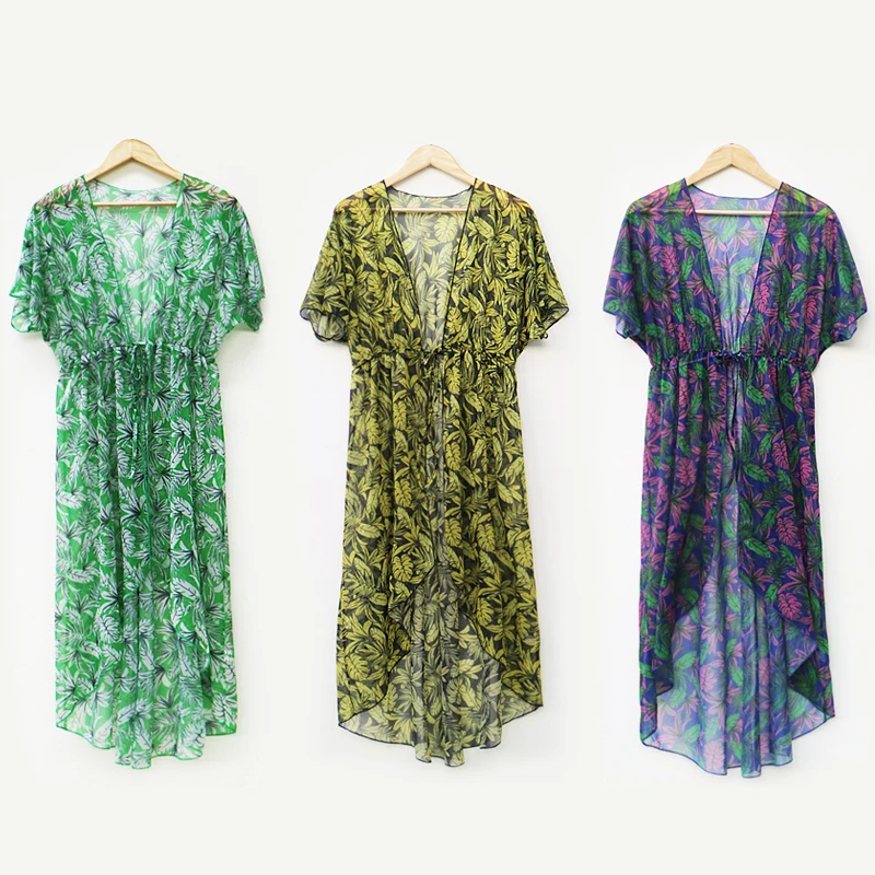 PGSD Summer Leaf printing Short sleeve Frenulum Irregular Sunscreen Chiffon cardigan Sexy beach Loose thin chiffon blouse female | Женская
