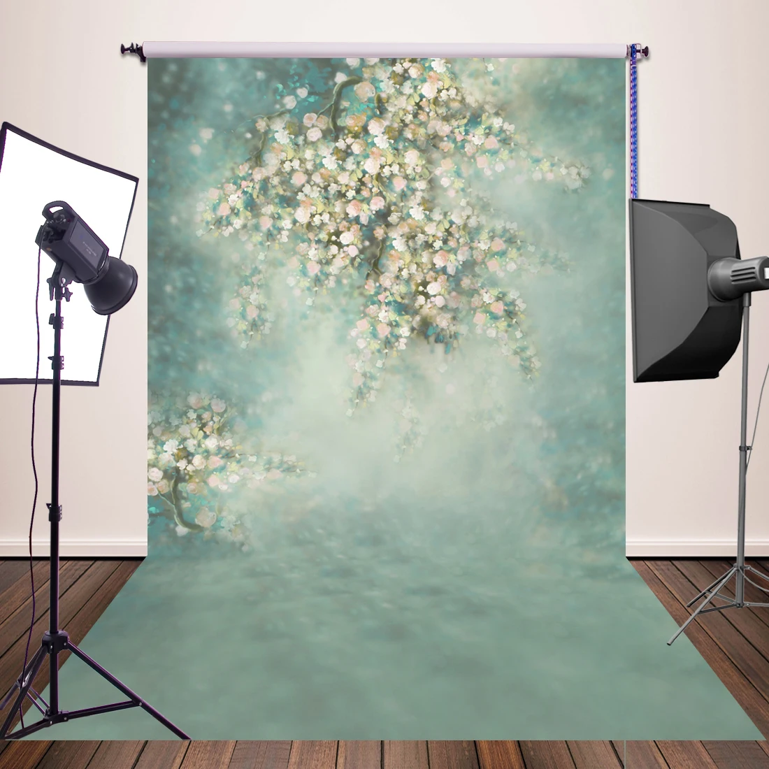 Фотофоны фото фон фоны для фотостудии фотобудка деревянный пол Весна зеленые цветы хлопок Cm-5161