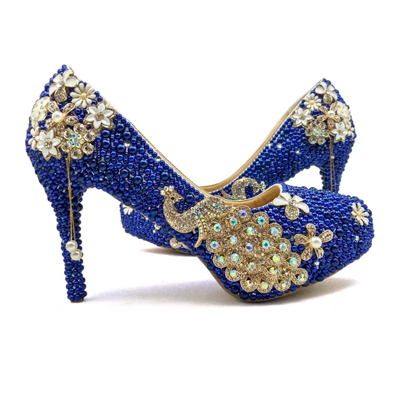 Женские туфли на высоком каблуке 4 дюйма ярко-синие свадебные с имитацией жемчуга
