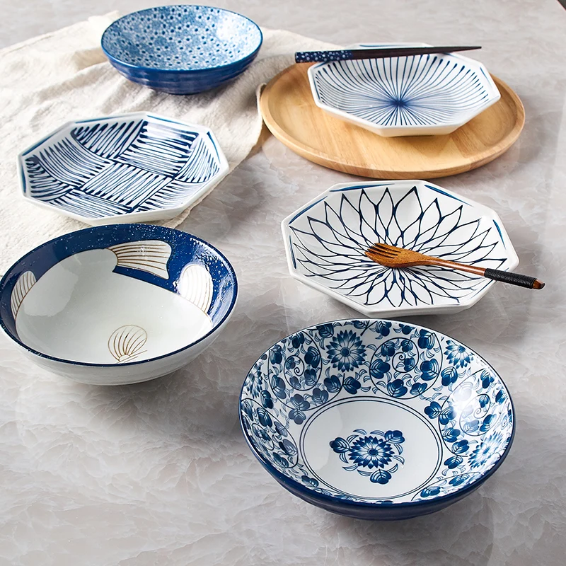 Ручная роспись синий и белый фарфор посуда японский стиль керамическая миска для