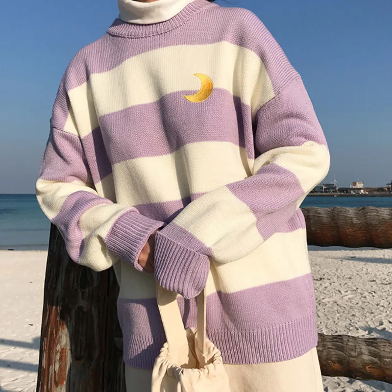 Lavender Корейский стиль, женские свитера, Kawaii, мороженое, цветная полоска, луна, вышивка, милая вязаная одежда, женская одежда Harajuku, Осень-зима - Цвет: Lavender