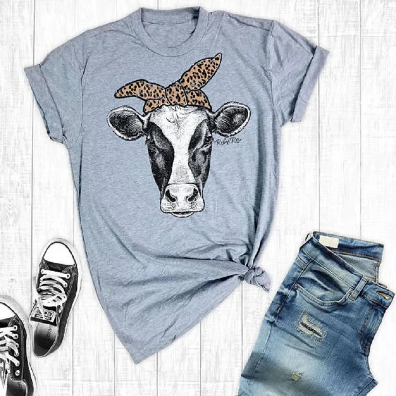 

2018 Kawaii Cow Prited Summer Cotton Tops Tee Plus Size Round Neck Grey Female T shirts Oversize Harajuku Farm T shirt Women New