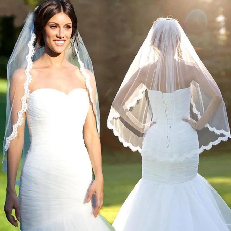 

Elbow Length Veils One Layer Tulle With Lace Edge Appliques Short Bridal Veils For Wedding Accessoires Pour Mariage Soft Veil