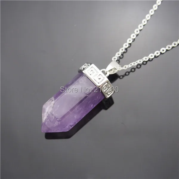

QN322 Antique Silver Hexagonal Crystal Amethysts Pendant Necklace