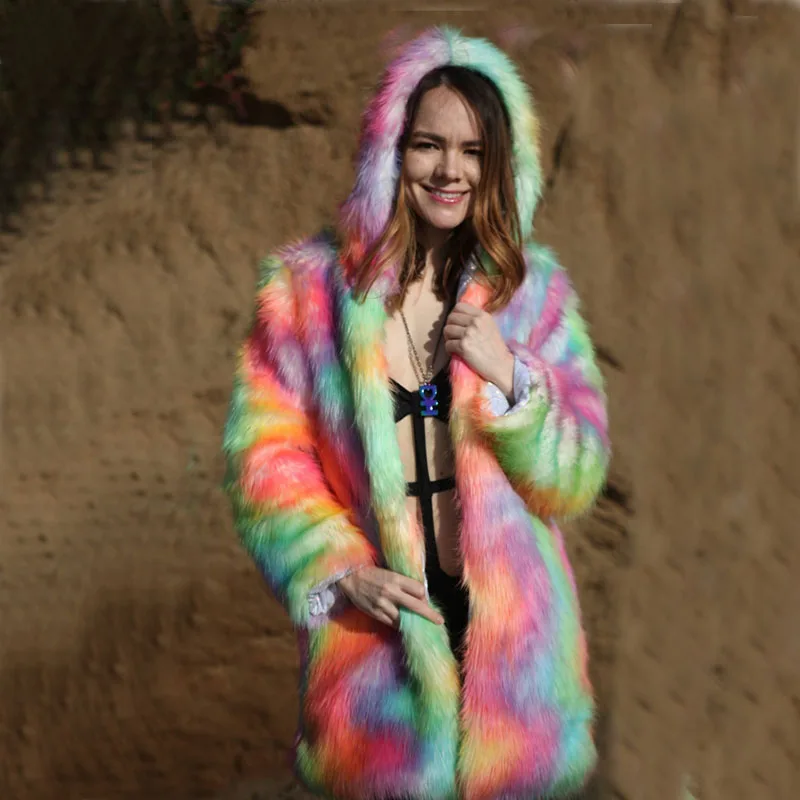 women fur coat Новая женская мужская Длинная толстовка с капюшоном Радужная шуба из искусственного лисьего меха зимняя высококачественная теплая разноцветная кожаная куртка ветровка - Цвет: women fur coat